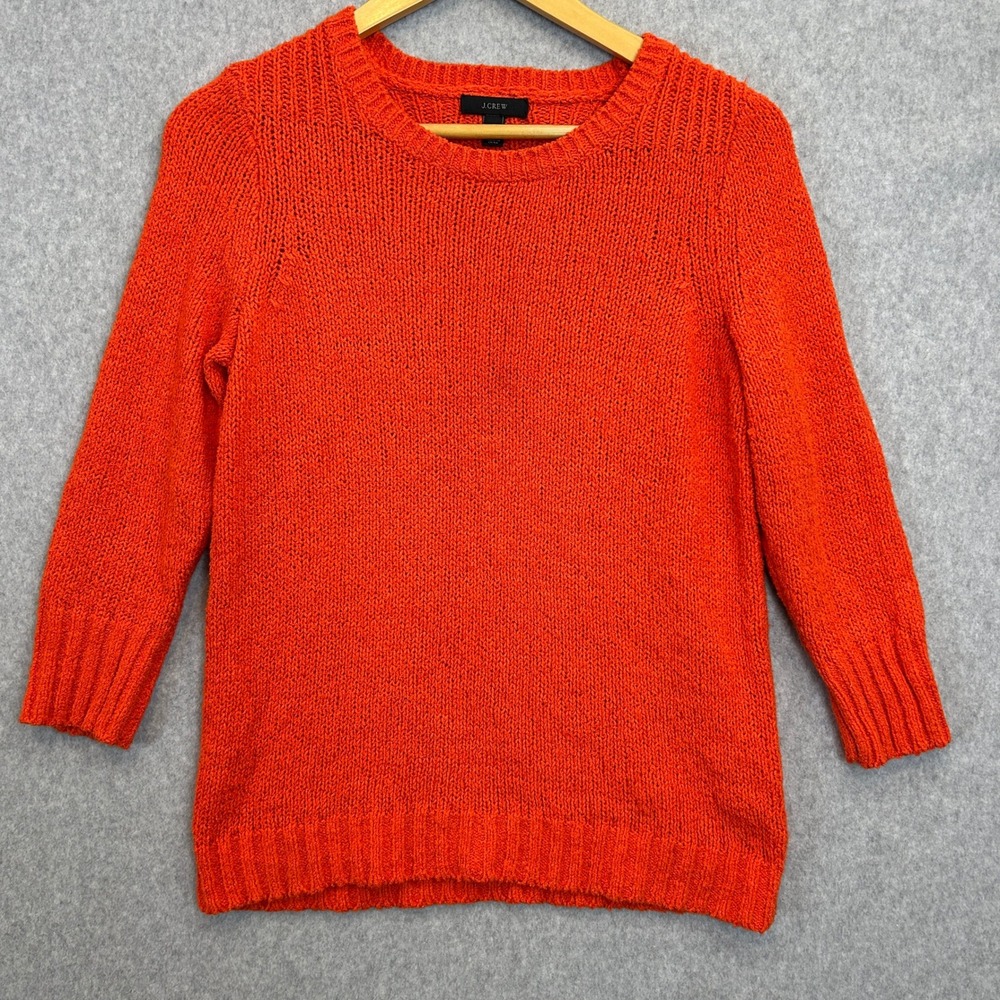J.Crew Womens Small Sweater Orange Cotton Linen Blend Knit 3/4 Sleeve Pullover